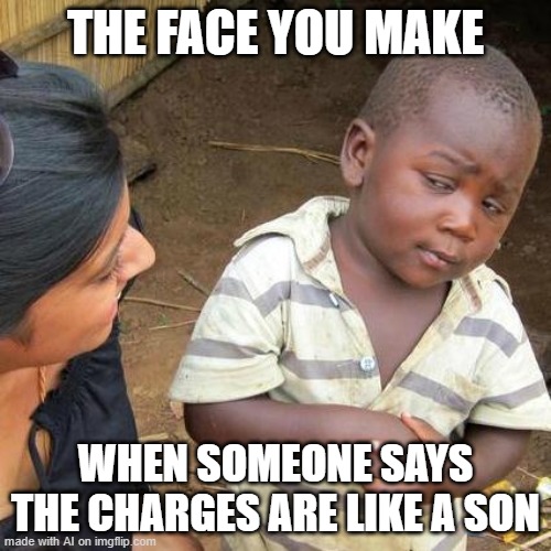 Third World Skeptical Kid | THE FACE YOU MAKE; WHEN SOMEONE SAYS THE CHARGES ARE LIKE A SON | image tagged in memes,third world skeptical kid | made w/ Imgflip meme maker