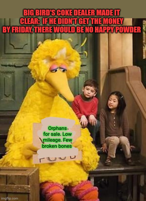 It had to be done | BIG BIRD'S COKE DEALER MADE IT CLEAR:  IF HE DIDN'T GET THE MONEY BY FRIDAY, THERE WOULD BE NO HAPPY POWDER; Orphans for sale. Low mileage. Few broken bones | image tagged in orphans,for sale,big bird,sesame street,drugs are bad | made w/ Imgflip meme maker
