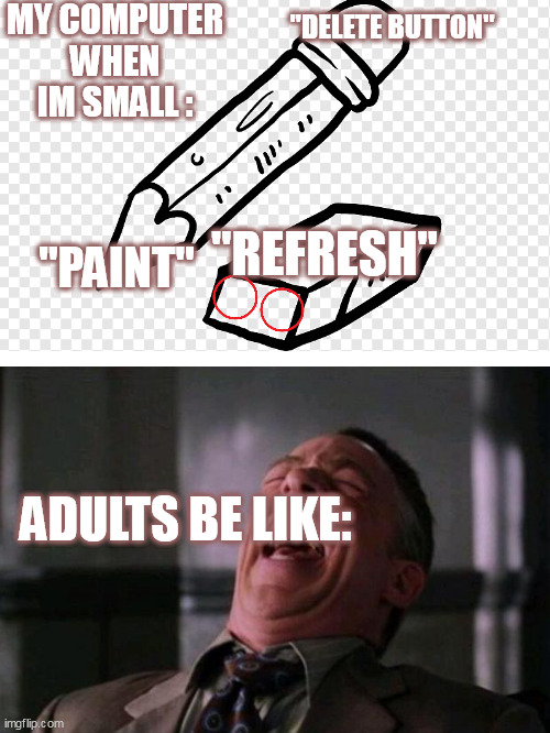Bassicaly every kid in USA: | MY COMPUTER WHEN IM SMALL :; "DELETE BUTTON"; "REFRESH"; "PAINT"; ADULTS BE LIKE: | image tagged in spider man boss,usa,memes,funny memes,childhood | made w/ Imgflip meme maker
