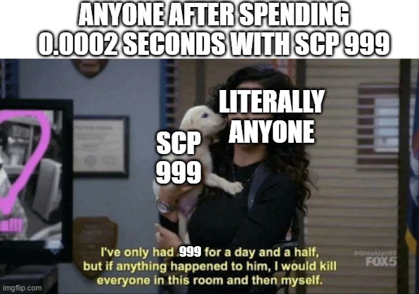 999 a good boi | ANYONE AFTER SPENDING 0.0002 SECONDS WITH SCP 999; LITERALLY ANYONE; SCP 999; 999 | image tagged in if anything were to happen to him meme,scp meme | made w/ Imgflip meme maker