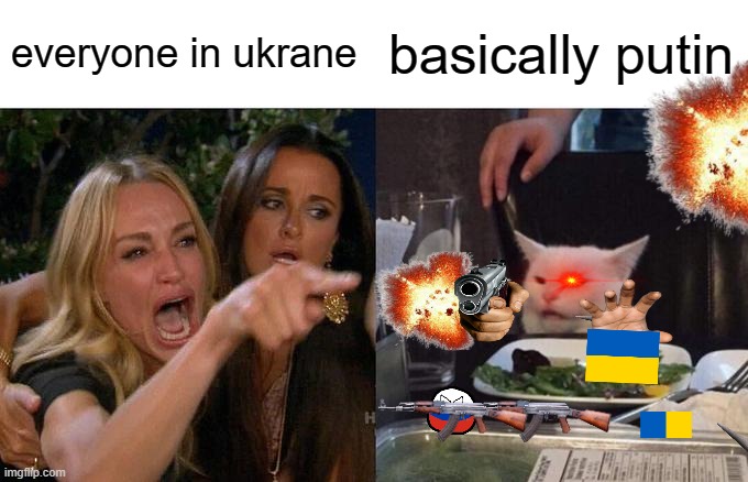 Woman Yelling At Cat Meme | everyone in ukrane; basically putin | image tagged in memes,woman yelling at cat | made w/ Imgflip meme maker