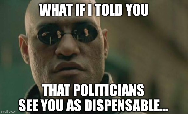 Rulers Do Not Care For Anyone And If They Did it’s because they need to be popular | WHAT IF I TOLD YOU; THAT POLITICIANS SEE YOU AS DISPENSABLE… | image tagged in memes,politics,i don't care,never gonna give you up,never gonna let you down | made w/ Imgflip meme maker