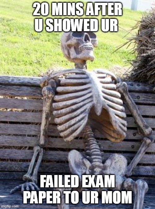 Filed Exam paper | 20 MINS AFTER U SHOWED UR; FAILED EXAM PAPER TO UR MOM | image tagged in memes,waiting skeleton | made w/ Imgflip meme maker
