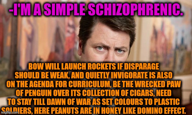 -I mean clearly. | -I'M A SIMPLE SCHIZOPHRENIC. BOW WILL LAUNCH ROCKETS IF DISPARAGE SHOULD BE WEAK, AND QUIETLY INVIGORATE IS ALSO ON THE AGENDA FOR CURRICULUM, BE THE WRECKED PAW OF PENGUIN OVER ITS COLLECTION OF CIGARS, NEED TO STAY TILL DAWN OF WAR AS SET COLOURS TO PLASTIC SOLDIERS, HERE PEANUTS ARE IN HONEY LIKE DOMINO EFFECT. | image tagged in i'm a simple man,schizophrenia,mental health,funny texts,ron swanson,custom template | made w/ Imgflip meme maker