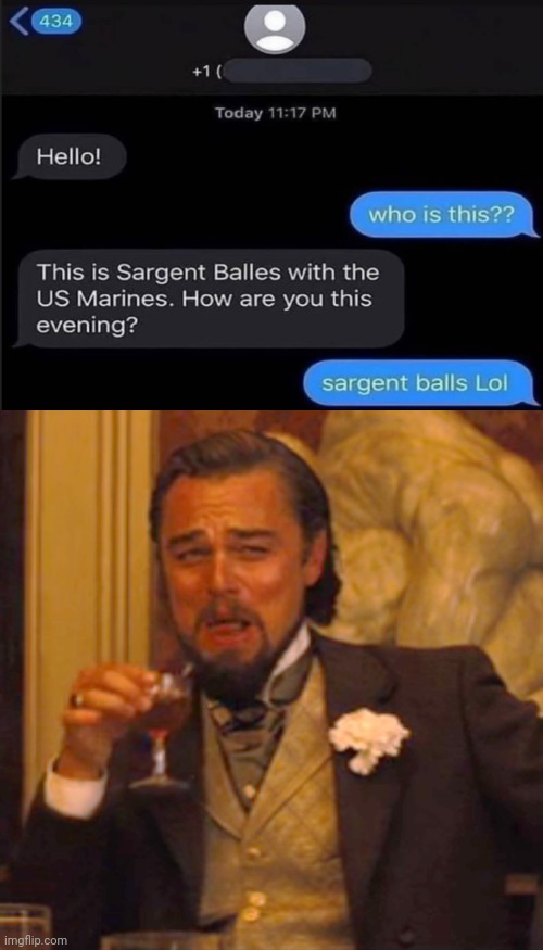 Sargent Balls! XD | image tagged in memes,laughing leo,text messages | made w/ Imgflip meme maker