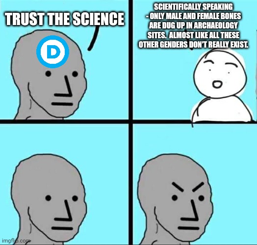 NPC Meme | TRUST THE SCIENCE SCIENTIFICALLY SPEAKING - ONLY MALE AND FEMALE BONES ARE DUG UP IN ARCHAEOLOGY SITES.  ALMOST LIKE ALL THESE OTHER GENDERS | image tagged in npc meme | made w/ Imgflip meme maker