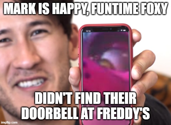Mark is a happy guy now, unless if Funtime Foxy actually finds their doorbell... | MARK IS HAPPY, FUNTIME FOXY; DIDN'T FIND THEIR DOORBELL AT FREDDY'S | image tagged in markiplier,fnaf sister location | made w/ Imgflip meme maker