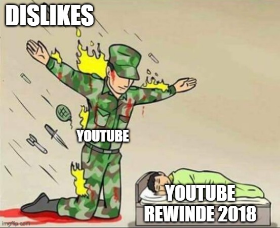 Why Youtube removed dislikes | DISLIKES; YOUTUBE; YOUTUBE REWINDE 2018 | image tagged in soldier protecting sleeping child | made w/ Imgflip meme maker