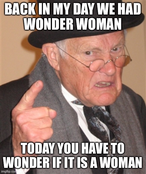 Angry Old Man | BACK IN MY DAY WE HAD
WONDER WOMAN; TODAY YOU HAVE TO WONDER IF IT IS A WOMAN | image tagged in angry old man,michelle obama,maga | made w/ Imgflip meme maker
