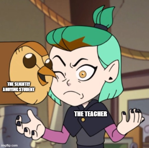 Hooty in Amity's Space(The Owl House) | THE SLIGHTLY ANOYING STUDENT; THE TEACHER | image tagged in hooty in amity's space the owl house | made w/ Imgflip meme maker