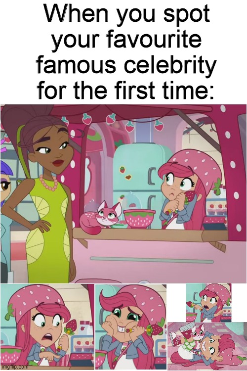 Strawberry Shortcake meets Kiki Keylime for the first time | When you spot your favourite famous celebrity for the first time: | image tagged in blank white template,strawberry shortcake,strawberry shortcake berry in the big city,celebrity,memes,cute | made w/ Imgflip meme maker