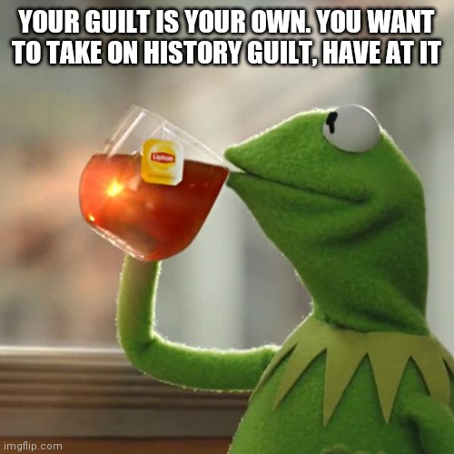 My Guilt, Your Guilt, Let's Not Be Guilty Together |  YOUR GUILT IS YOUR OWN. YOU WANT TO TAKE ON HISTORY GUILT, HAVE AT IT | image tagged in memes,but that's none of my business,kermit the frog,slaves,lord of the rings | made w/ Imgflip meme maker