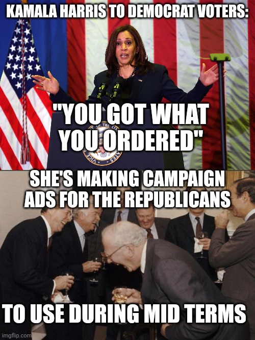 SHE'S MAKING IT EASY FOR US | KAMALA HARRIS TO DEMOCRAT VOTERS:; "YOU GOT WHAT YOU ORDERED"; SHE'S MAKING CAMPAIGN ADS FOR THE REPUBLICANS; TO USE DURING MID TERMS | image tagged in memes,laughing men in suits,kamala harris,democrats,politics | made w/ Imgflip meme maker