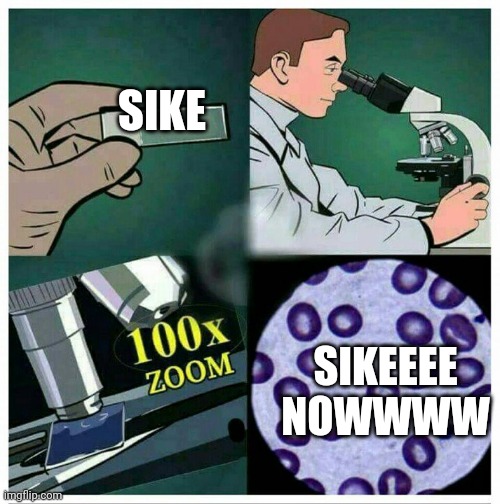 Microscope 100x zoom | SIKE SIKEEEE NOWWWW | image tagged in microscope 100x zoom | made w/ Imgflip meme maker