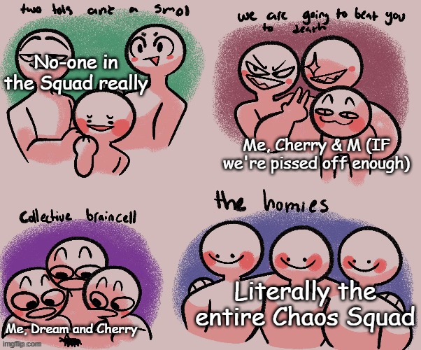 Eh.. | No-one in the Squad really; Me, Cherry & M (IF we're pissed off enough); Literally the entire Chaos Squad; Me, Dream and Cherry | made w/ Imgflip meme maker