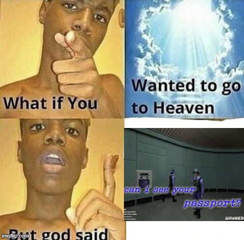 He doesn't have his passport | image tagged in what if you wanted to go to heaven,hlvrai,half life,passport,memes,gaming | made w/ Imgflip meme maker
