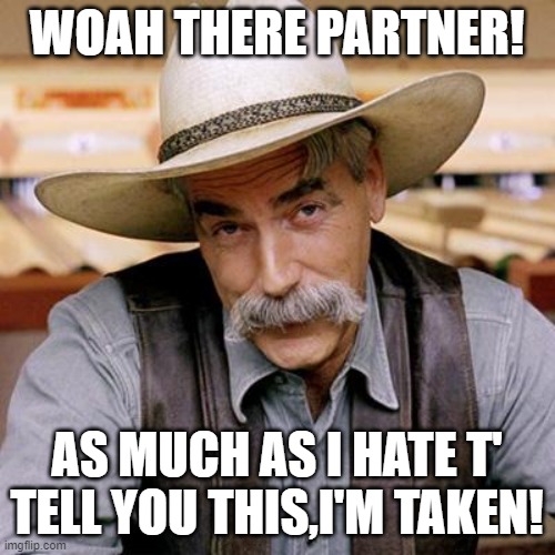 SARCASM COWBOY | WOAH THERE PARTNER! AS MUCH AS I HATE T' TELL YOU THIS,I'M TAKEN! | image tagged in sarcasm cowboy | made w/ Imgflip meme maker