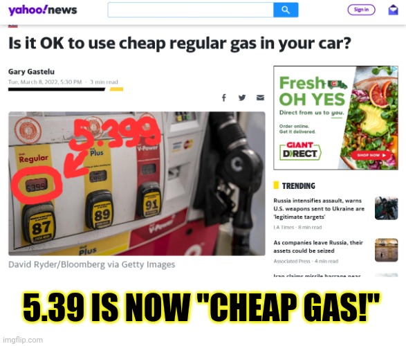 Now they're gaslighting us... | 5.39 IS NOW "CHEAP GAS!" | image tagged in cheap,gas,gas lighting,get it | made w/ Imgflip meme maker