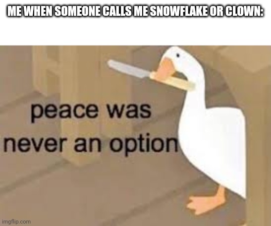 Do not call me clown or else | ME WHEN SOMEONE CALLS ME SNOWFLAKE OR CLOWN: | image tagged in peace was never an option | made w/ Imgflip meme maker