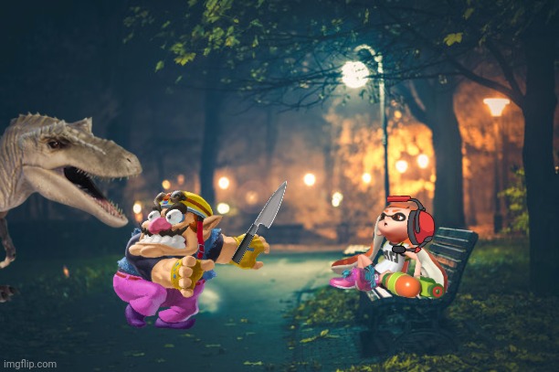 Wario tries to kill Inkling Girl while she's listening to calming music til she sleeps but he dies by a Qianzhousaurus.mp3 | image tagged in wario dies,wario,jurassic park,jurassic world,dinosaur,inkling | made w/ Imgflip meme maker