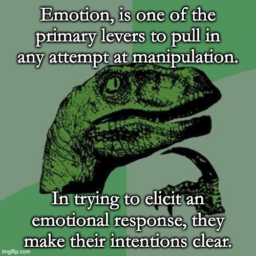 Why do they have "Trump" in their handle? | Emotion, is one of the primary levers to pull in any attempt at manipulation. In trying to elicit an emotional response, they make their intentions clear. | image tagged in philosoraptor,liars,democrats,communist socialist,politics too,why are you like this | made w/ Imgflip meme maker