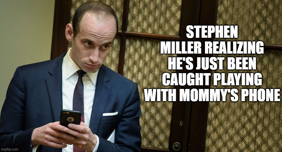 36 years old... still on his parents' phone plan.  Pathetic level: 100 | STEPHEN MILLER REALIZING HE'S JUST BEEN CAUGHT PLAYING WITH MOMMY'S PHONE | image tagged in stephen miller | made w/ Imgflip meme maker