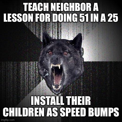 Insanity Wolf Meme | TEACH NEIGHBOR A LESSON FOR DOING 51 IN A 25; INSTALL THEIR CHILDREN AS SPEED BUMPS | image tagged in memes,insanity wolf | made w/ Imgflip meme maker