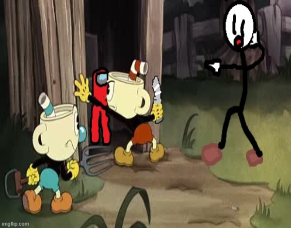 cuphead meets the impostor from among us | image tagged in among us,cuphead,henry stickmin,memes,sus | made w/ Imgflip meme maker