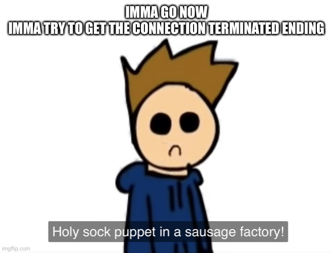 from fnaf 6 | IMMA GO NOW
IMMA TRY TO GET THE CONNECTION TERMINATED ENDING | image tagged in holy sock puppet in a sausage factory | made w/ Imgflip meme maker