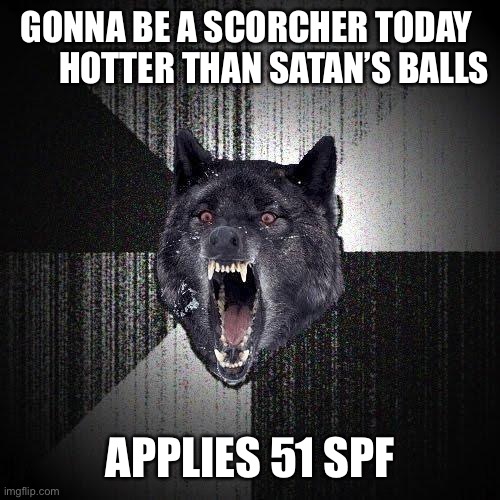 Gonna be a scorcher | GONNA BE A SCORCHER TODAY         HOTTER THAN SATAN’S BALLS; APPLIES 51 SPF | image tagged in memes,insanity wolf,hot,satan,sunny | made w/ Imgflip meme maker