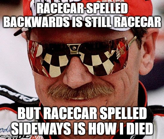 Flipped That One | RACECAR SPELLED BACKWARDS IS STILL RACECAR; BUT RACECAR SPELLED SIDEWAYS IS HOW I DIED | image tagged in dale earnhardt | made w/ Imgflip meme maker