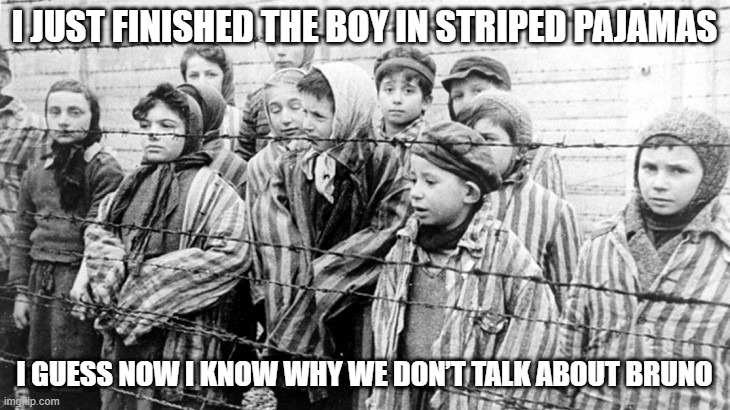 Only If You've Seen the Movie....... | I JUST FINISHED THE BOY IN STRIPED PAJAMAS; I GUESS NOW I KNOW WHY WE DON’T TALK ABOUT BRUNO | image tagged in white holocaust privilege | made w/ Imgflip meme maker