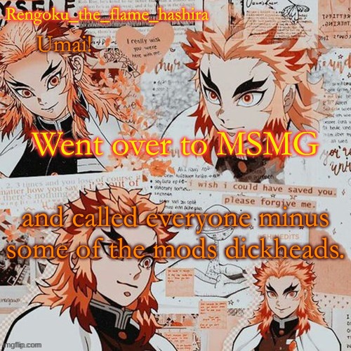 Rengoku_the_flame_hashira's template! (thanks,@Dagger.!) | Went over to MSMG; and called everyone minus some of the mods dickheads. | image tagged in rengoku_the_flame_hashira's template thanks dagger | made w/ Imgflip meme maker