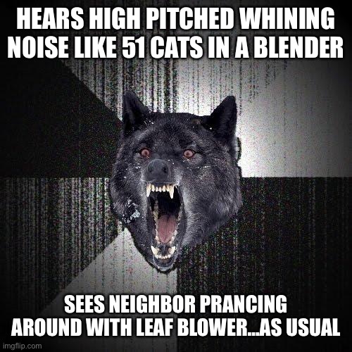 Insanity Wolf | HEARS HIGH PITCHED WHINING NOISE LIKE 51 CATS IN A BLENDER; SEES NEIGHBOR PRANCING AROUND WITH LEAF BLOWER…AS USUAL | image tagged in memes,insanity wolf | made w/ Imgflip meme maker