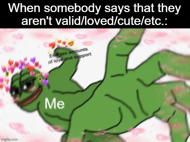 (❁´◡`❁) | When somebody says that they aren't valid/loved/cute/etc.: | image tagged in wait a second this is wholesome content,wholesome,wholesome 100,i love you,pepe punch | made w/ Imgflip meme maker