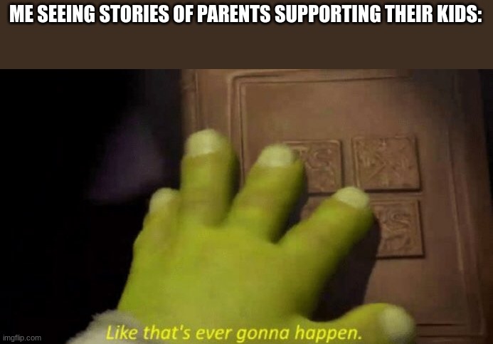 Like that's ever gonna happen. | ME SEEING STORIES OF PARENTS SUPPORTING THEIR KIDS: | image tagged in like that's ever gonna happen | made w/ Imgflip meme maker