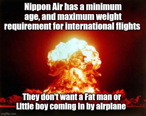 Less likely to bomb? | Nippon Air has a minimum age, and maximum weight requirement for international flights; They don't want a Fat man or Little boy coming in by airplane | image tagged in memes,nuclear explosion | made w/ Imgflip meme maker