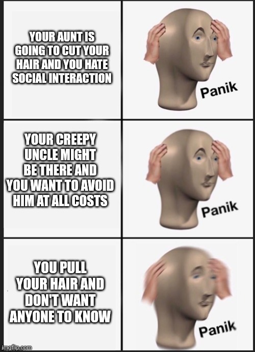 Stressin' Sunday | YOUR AUNT IS GOING TO CUT YOUR HAIR AND YOU HATE SOCIAL INTERACTION; YOUR CREEPY UNCLE MIGHT BE THERE AND YOU WANT TO AVOID HIM AT ALL COSTS; YOU PULL YOUR HAIR AND DON'T WANT ANYONE TO KNOW | image tagged in panik panik panik | made w/ Imgflip meme maker