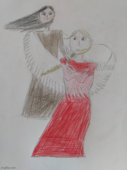 A drawing I made of a woman and her guardian angel. See comments for the description. | image tagged in drawing,guardian angel,clamavi de profundis,hidden helper | made w/ Imgflip meme maker
