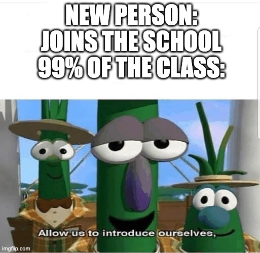 Newbie | NEW PERSON: JOINS THE SCHOOL
99% OF THE CLASS: | image tagged in allow us to introduce ourselves,terraria is amazing,memes | made w/ Imgflip meme maker