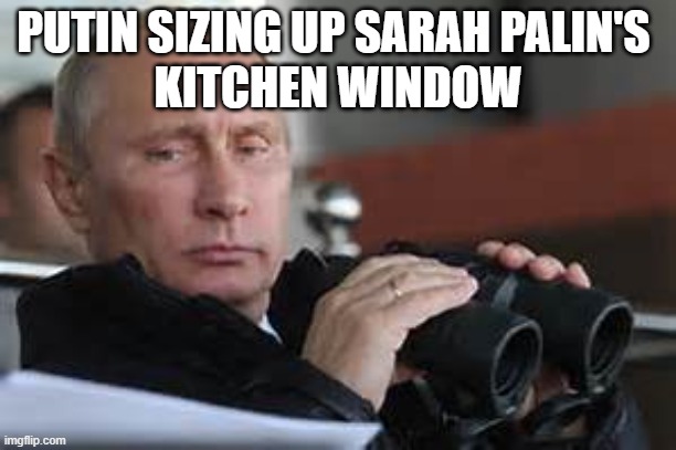 Putin Binoculars | PUTIN SIZING UP SARAH PALIN'S 
KITCHEN WINDOW | image tagged in putin binoculars | made w/ Imgflip meme maker