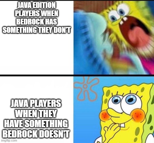 spongebob yelling |  JAVA EDITION PLAYERS WHEN BEDROCK HAS SOMETHING THEY DON'T; JAVA PLAYERS WHEN THEY HAVE SOMETHING BEDROCK DOESN'T | image tagged in spongebob yelling | made w/ Imgflip meme maker