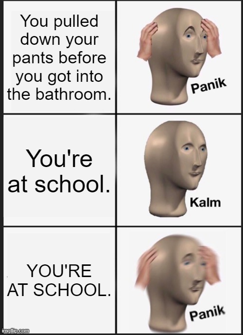 This will not end well... | You pulled down your pants before you got into the bathroom. You're at school. YOU'RE AT SCHOOL. | image tagged in memes,panik kalm panik | made w/ Imgflip meme maker