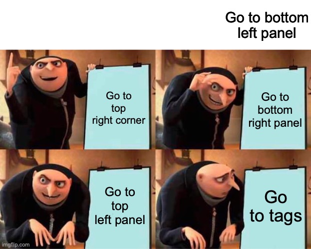 https://imgflip.com/i/68fust | Go to bottom left panel; Go to top right corner; Go to bottom right panel; Go to top left panel; Go to tags | image tagged in memes,gru's plan,go to the link in the title | made w/ Imgflip meme maker