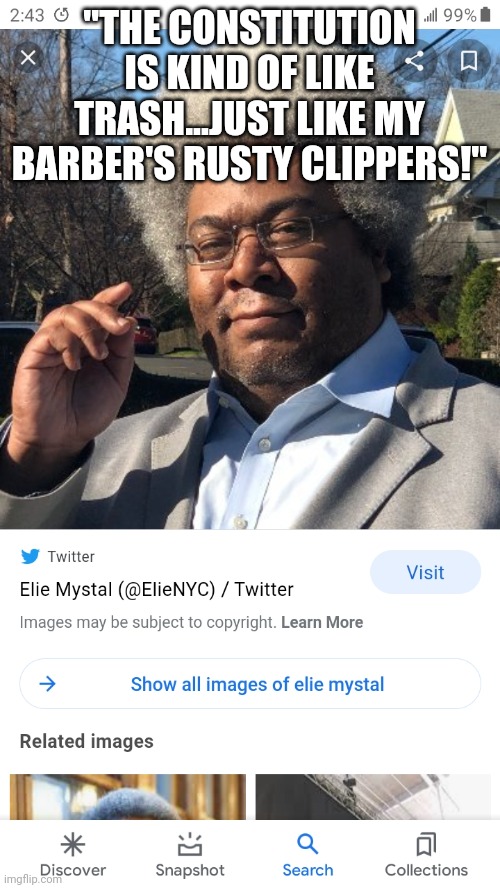 Elie Mystal | "THE CONSTITUTION IS KIND OF LIKE TRASH...JUST LIKE MY BARBER'S RUSTY CLIPPERS!" | image tagged in the view,is,trash | made w/ Imgflip meme maker