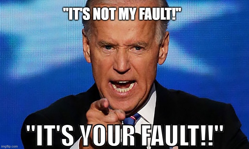 Biden Blames Americans. It's never his or Democrats fault | "IT'S NOT MY FAULT!"; "IT'S YOUR FAULT!!" | image tagged in brandon,fjb,gas prices,inflation,afghanistan,democrats | made w/ Imgflip meme maker