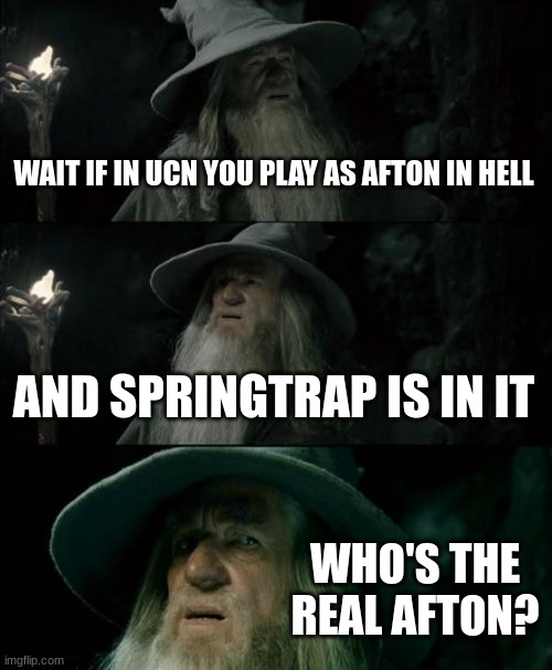 no seriously who | WAIT IF IN UCN YOU PLAY AS AFTON IN HELL; AND SPRINGTRAP IS IN IT; WHO'S THE REAL AFTON? | image tagged in memes,confused gandalf | made w/ Imgflip meme maker