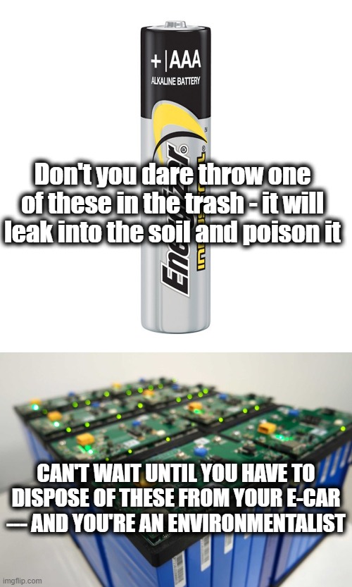 Battery Disposal 101 | Don't you dare throw one of these in the trash - it will leak into the soil and poison it; CAN'T WAIT UNTIL YOU HAVE TO DISPOSE OF THESE FROM YOUR E-CAR
--- AND YOU'RE AN ENVIRONMENTALIST | image tagged in batteries,environment,waste,modern problems require modern solutions | made w/ Imgflip meme maker