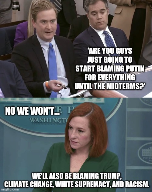 Anyone and anything but themselves. | ‘ARE YOU GUYS JUST GOING TO START BLAMING PUTIN FOR EVERYTHING UNTIL THE MIDTERMS?’; NO WE WON'T... WE'LL ALSO BE BLAMING TRUMP, CLIMATE CHANGE, WHITE SUPREMACY, AND RACISM. | image tagged in memes | made w/ Imgflip meme maker
