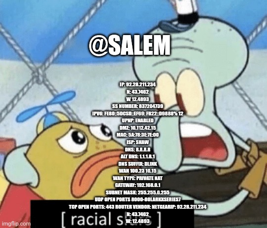 @SALEM; IP: 92.28.211.234

N: 43.7462

W 12.4893

SS NUMBER: 837204739

IPV6: FE80::5DCSD::EF69: FB22::D9888% 12

UPNP: ENABLED

DMZ: 10.112.42.15

MAC: 5A:78:3E:7E:00

ISP: SHAW

DNS: 8.8.8.8

ALT DNS: 1.1.1.8.1

DNS SUFFIX: DLINK

WAN 100.23 10.15

WAN TYPE: PRIVATE NAT

GATEWAY: 192.168.0.1

SUBNET MASK: 255.255.0.255

UDP OPEN PORTS 8000-8OLARKXSERIES7

TCP OPEN PORTS: 443 ROUTER VENDOR: NETGEARIP: 92.28.211.234

N: 43.7462

W: 12.4893 | image tagged in racial slurs | made w/ Imgflip meme maker